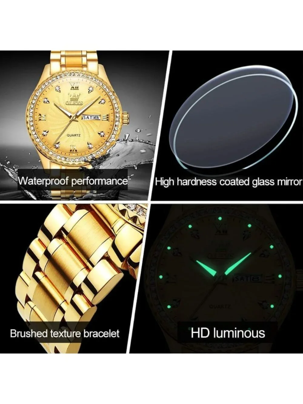 Men's Gold Diamond Solid Stainless Steel Waterproof Luminous Luxury Analog Watch